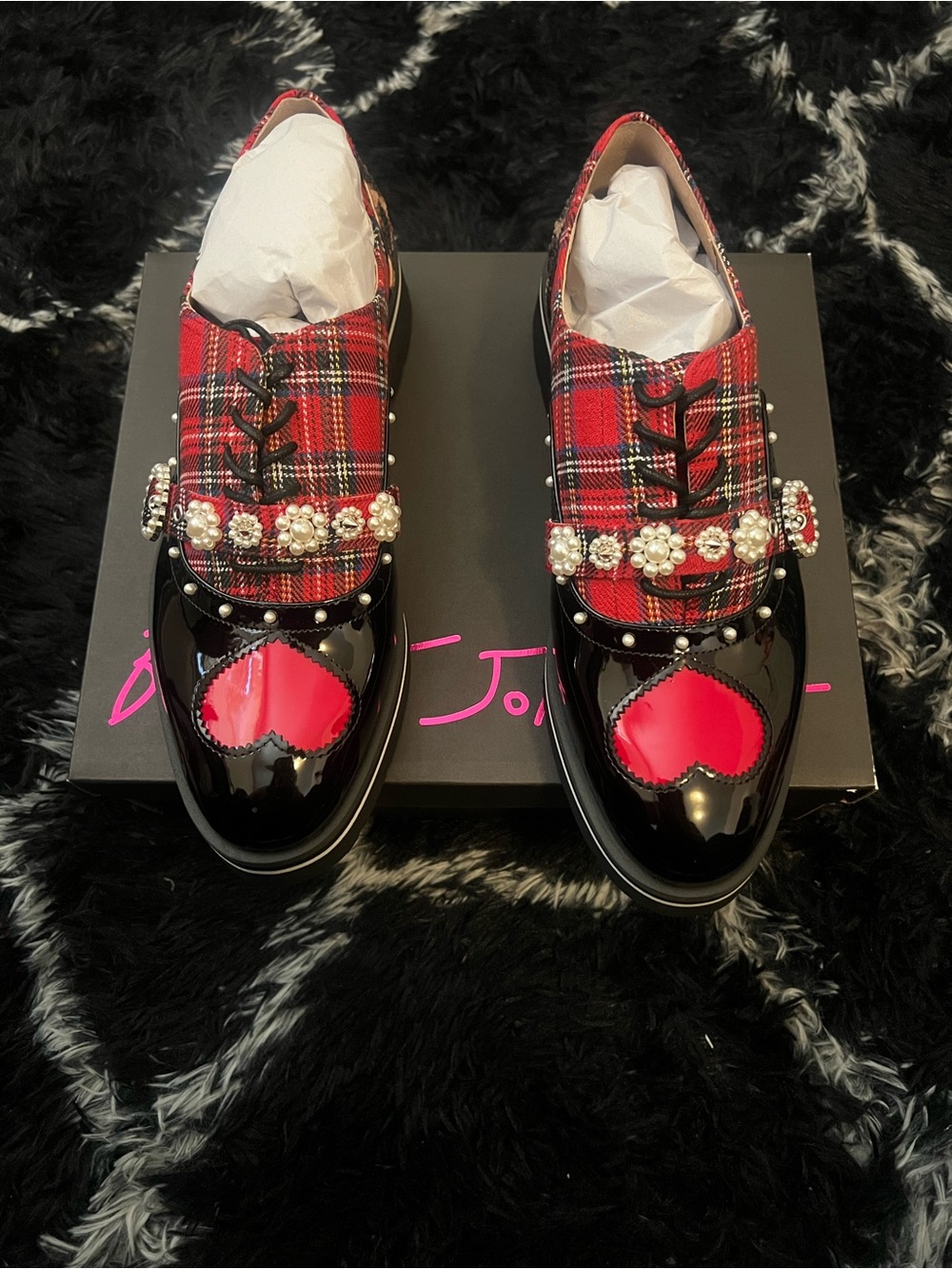 Betsey Johnson Simonee - Red Plaid Patent Oxford Loafers - 10 - Picture 7 of 10
